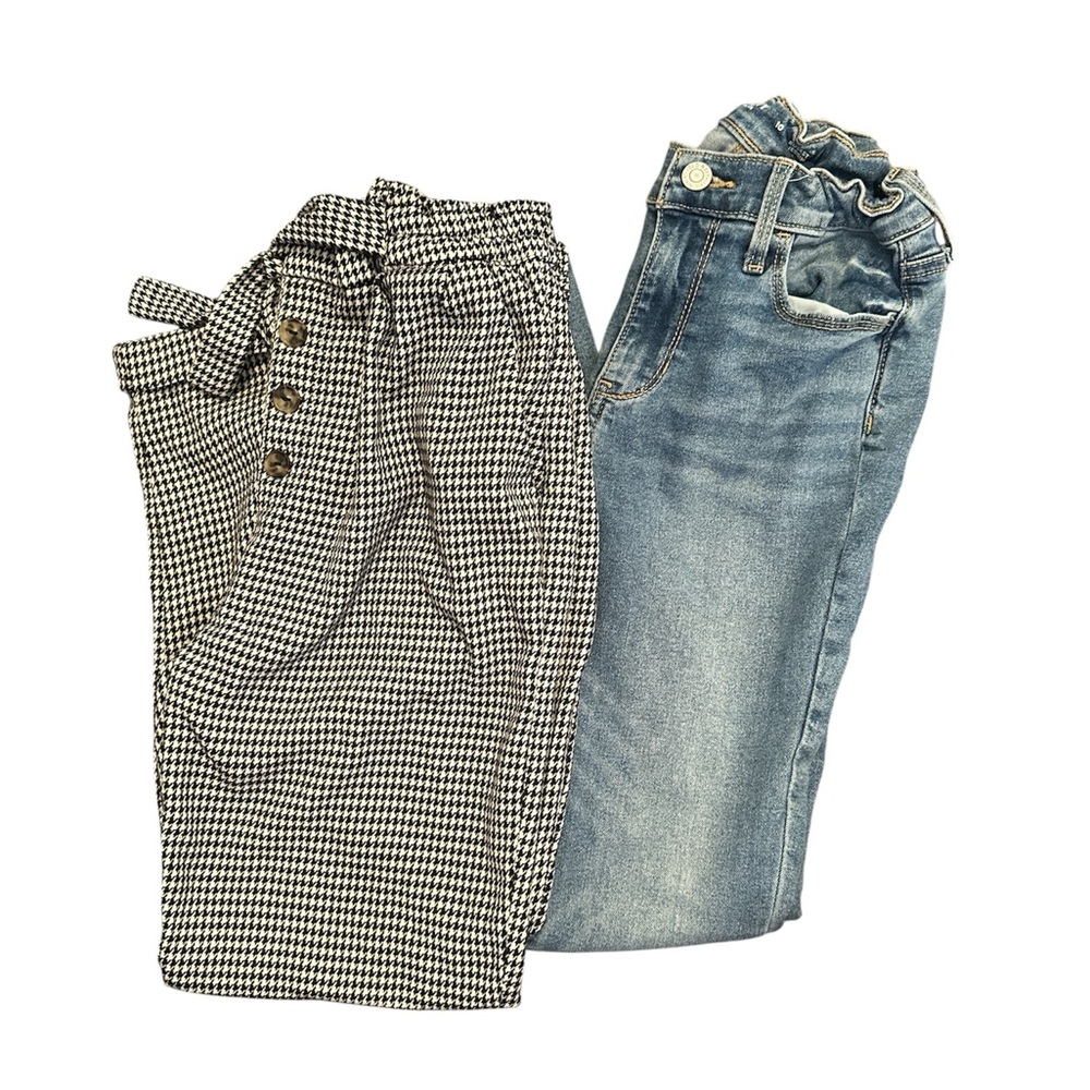 10/12 girls Houndstooth Paperbag Waist Pants + Light Wash Paperbag Jeans - Set